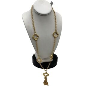 Susan Shaw Gold-Tone Quatrefoil Clover Chain Tassel 24k Plated Pendant Necklace